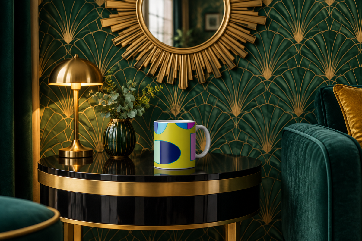 Pac-Man Lime mug — Art Deco table under the sunburst mirror