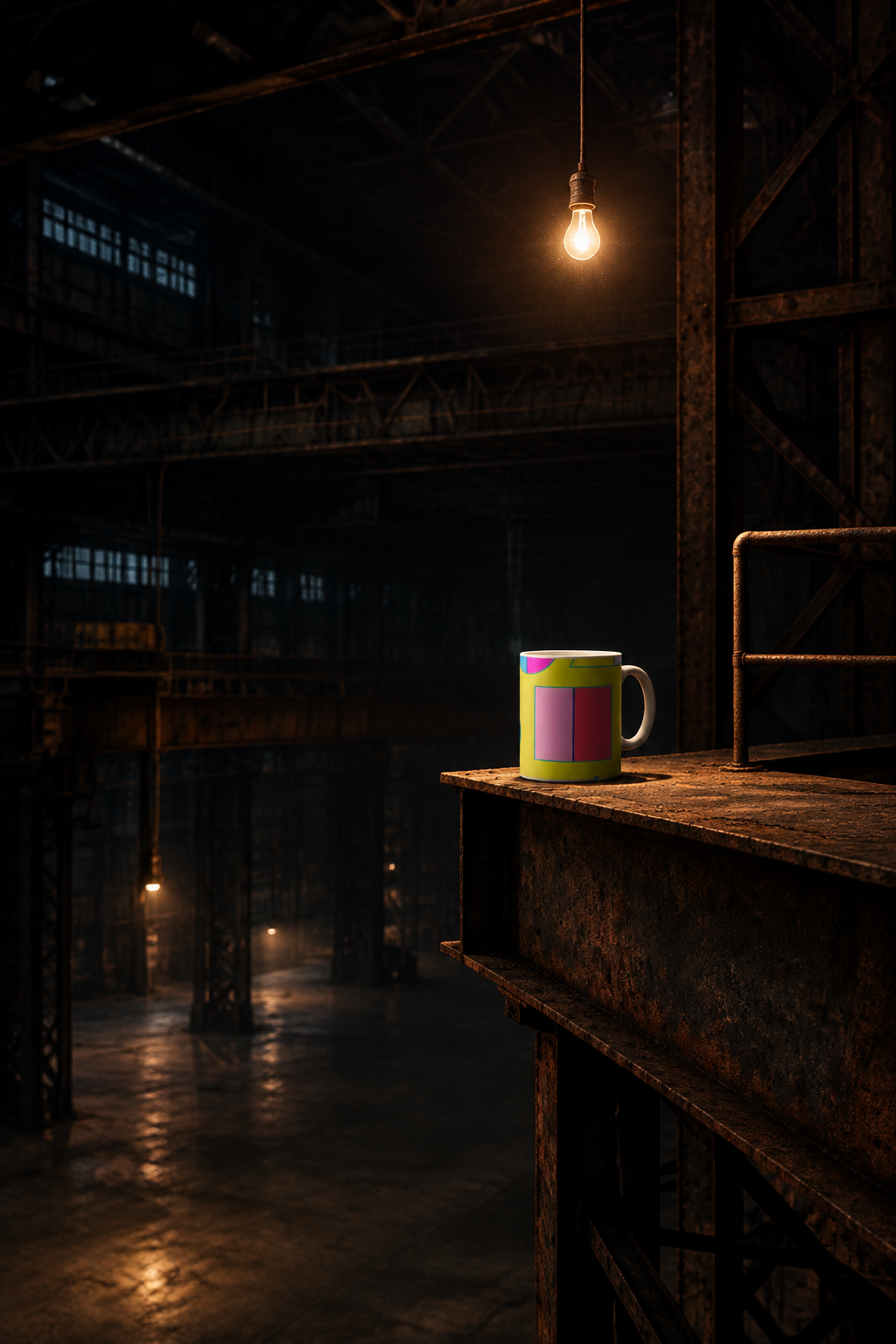 Pac-Man Lime mug — industrial warehouse gantry, single hanging bulb