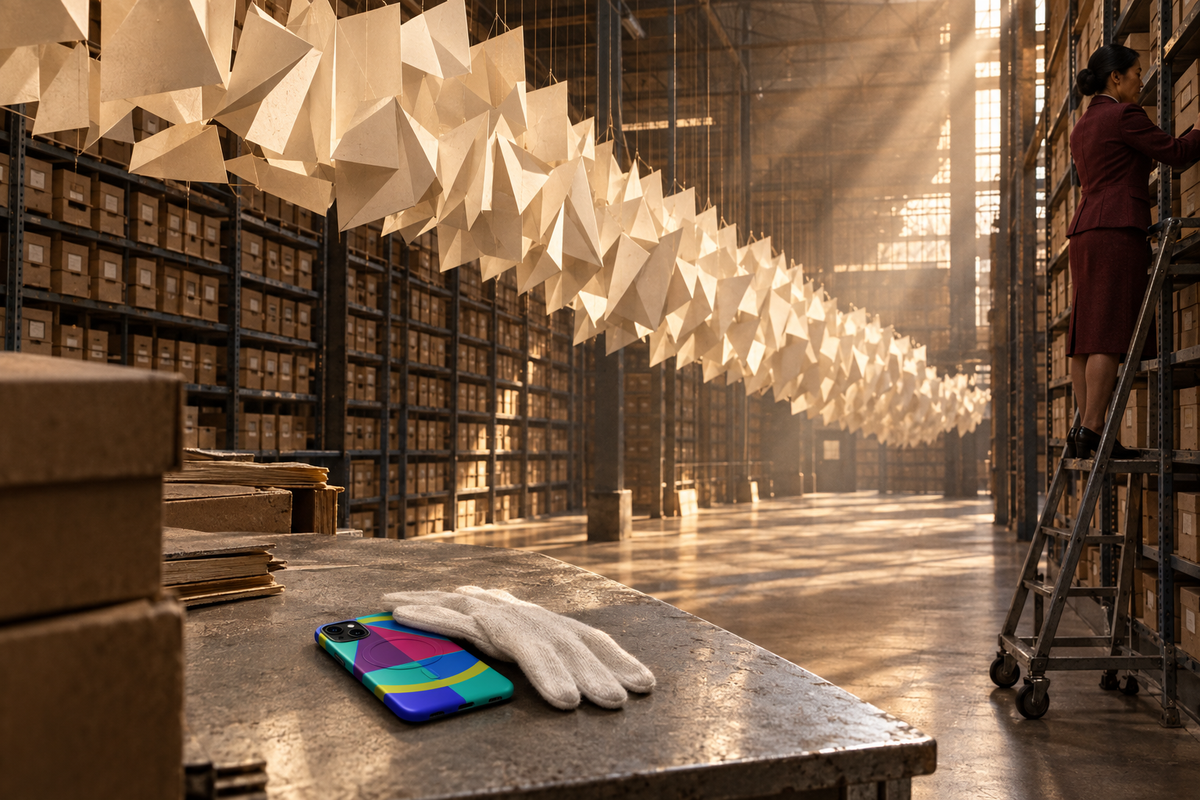 Paper-wave installation inside a London records warehouse