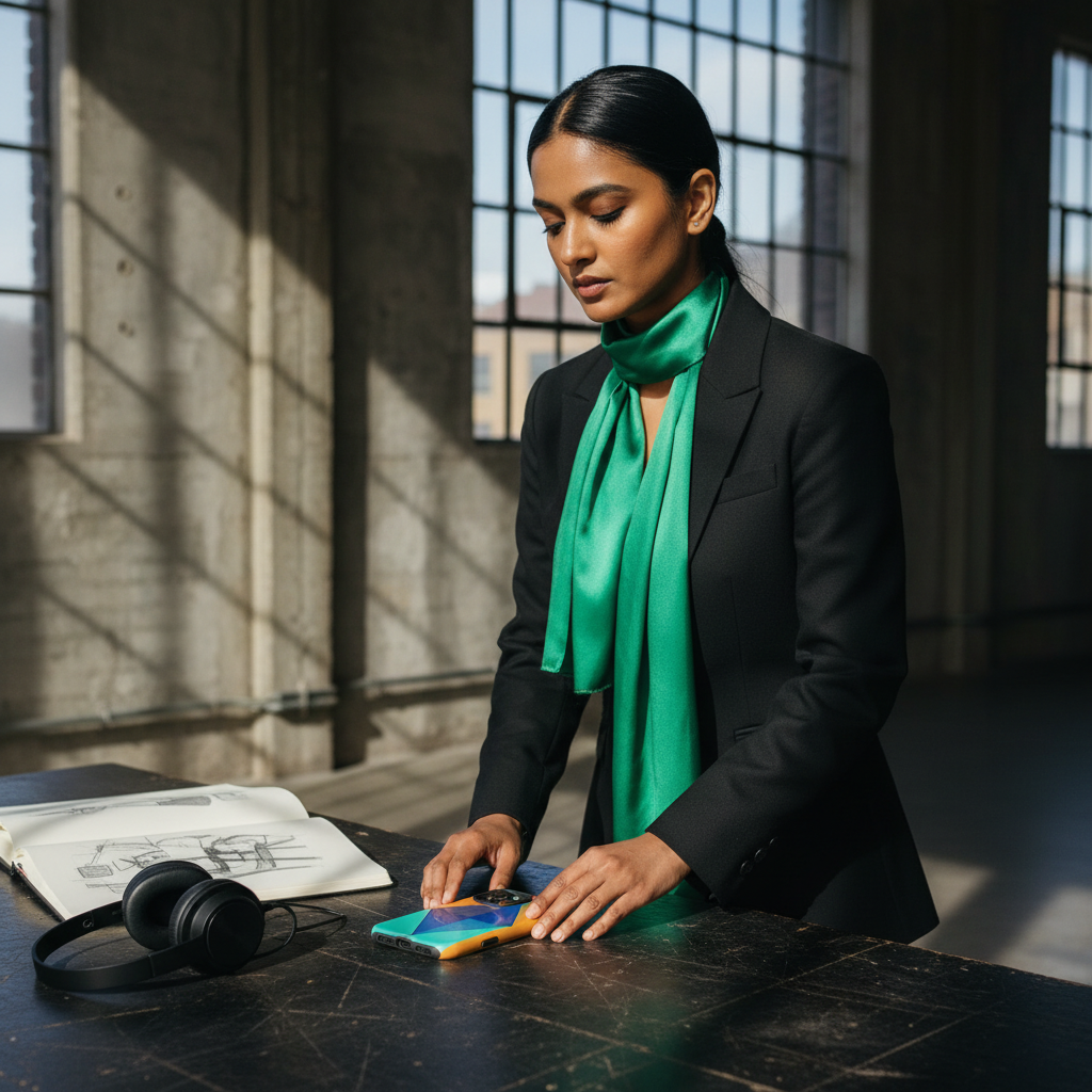 People-led studio shot. Orange Sky Diamond MagSafe phone case featured in a people-led studio portrait with contemporary London creative culture.