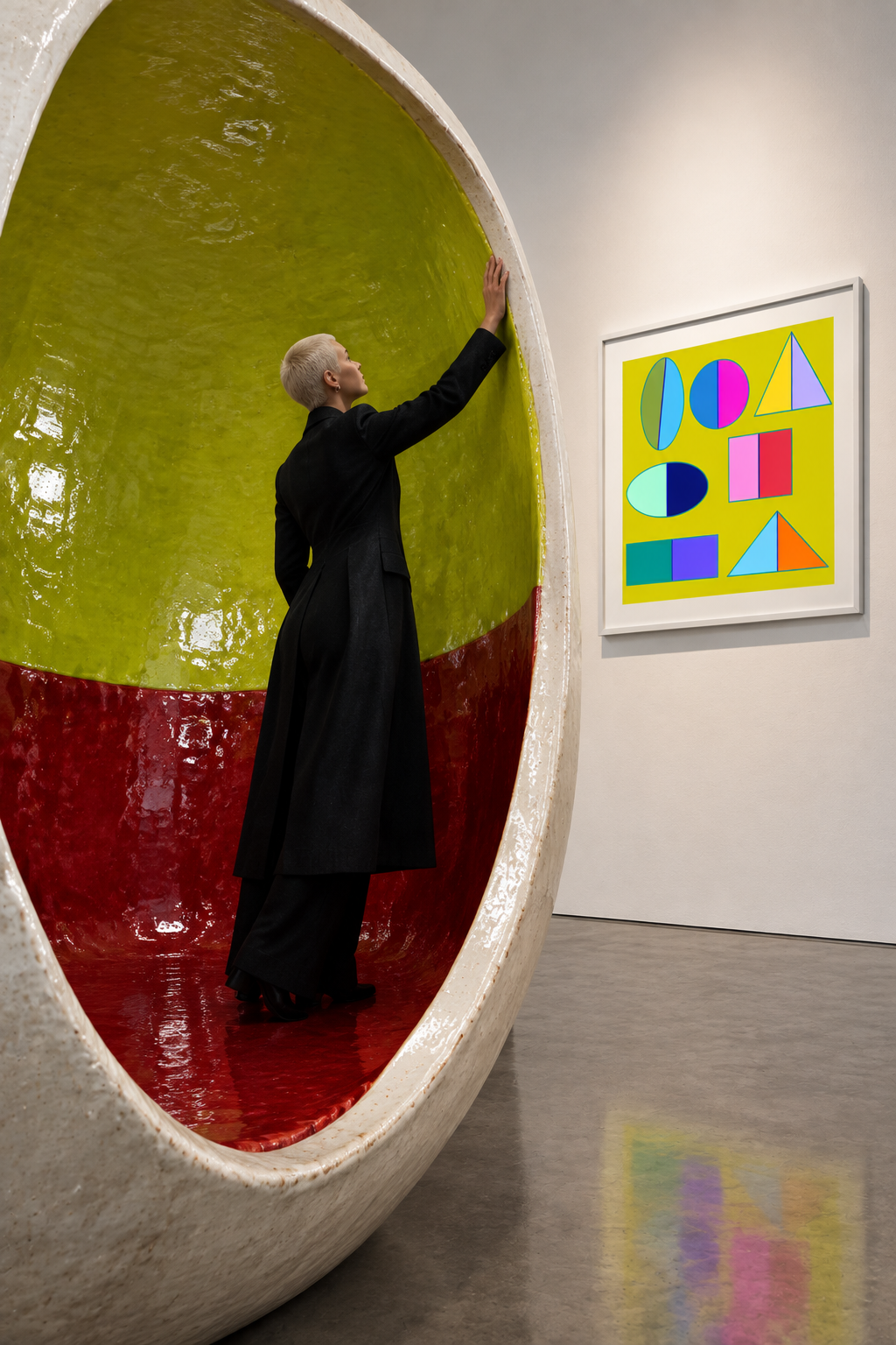 Person inside a giant ceramic vessel installation