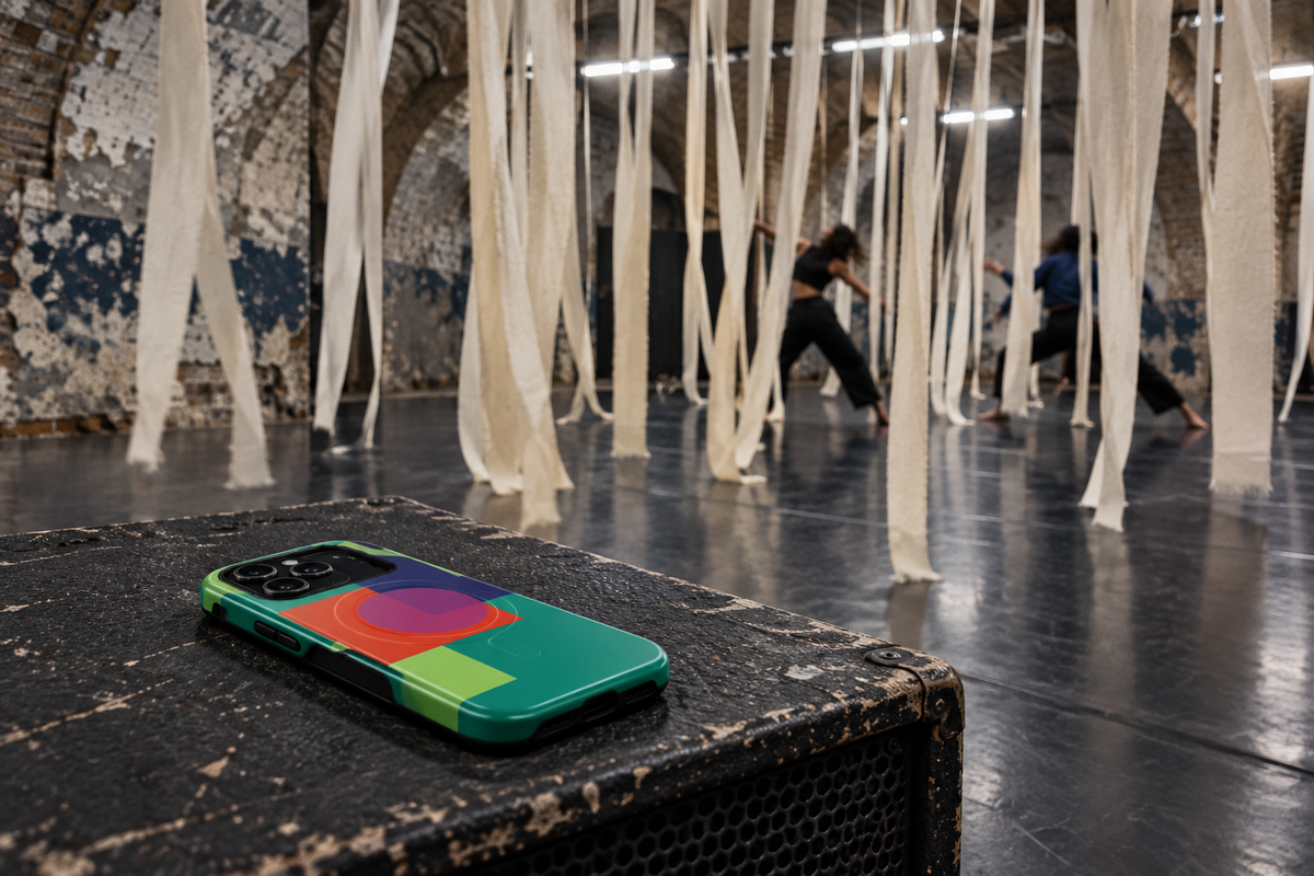 Phone grounded within a gritty railway-arch art world