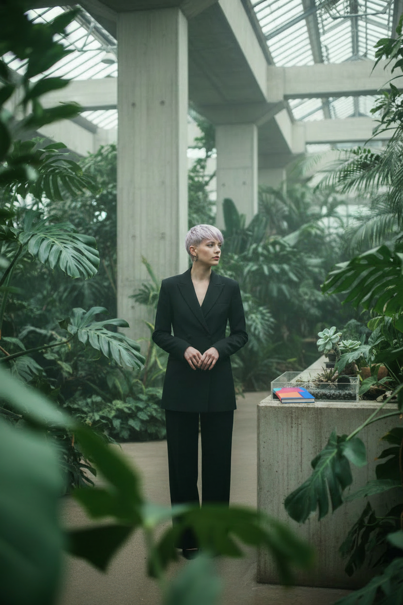 Blue Pink Moon Diamond hardback journal on a concrete plinth in a lush London conservatory editorial