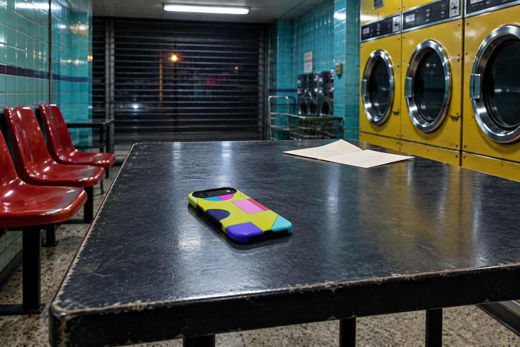 Product-only editorial in a saturated after-hours launderette