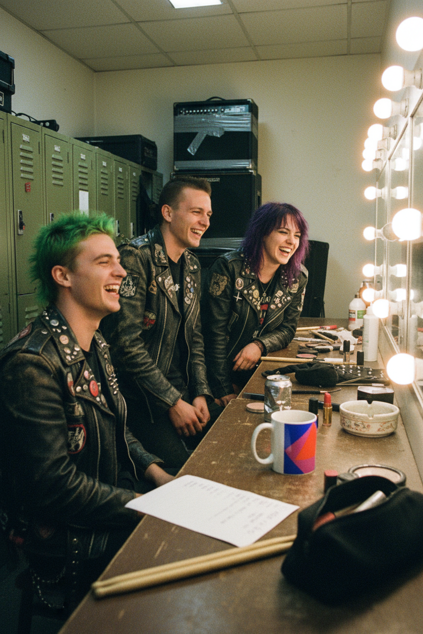 Punk dressing room, mug half hidden on the table