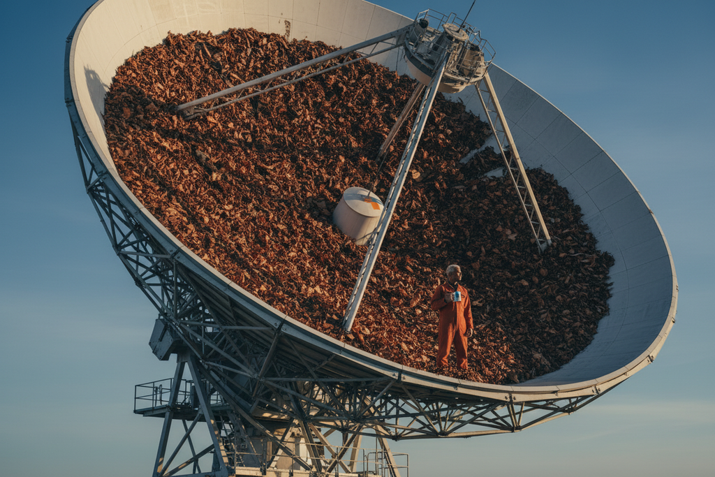 Radio telescope dish filled with dried leaves