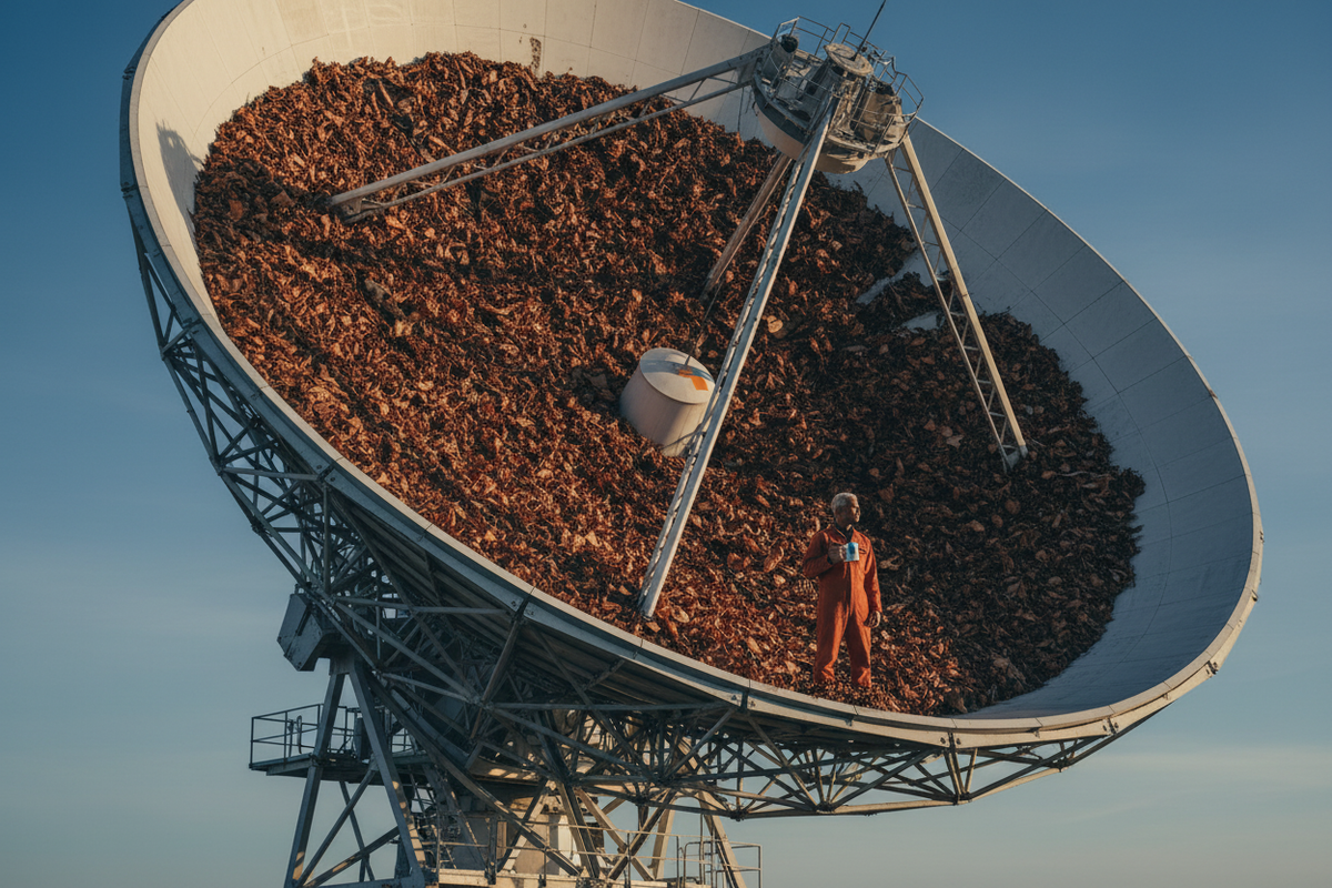 Radio telescope dish filled with dried leaves