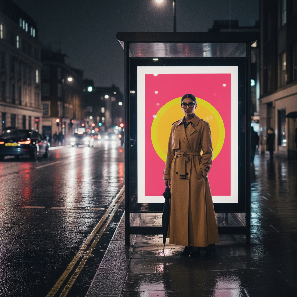 Rainy nocturnal street: the print glowing like a lightbox behind a woman in a camel trench coat.Pink Yellow Sun framed and mounted print glowing like a lightbox on a rainy London street behind a woman in a camel trench coat.