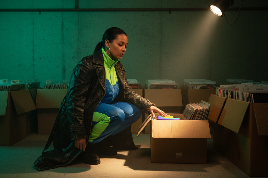 Rave Archivist among crates of vinyl in a basement. Purple Yellow Sun MagSafe phone case featured with a rave archivist among crates of vinyl inside a London basement.