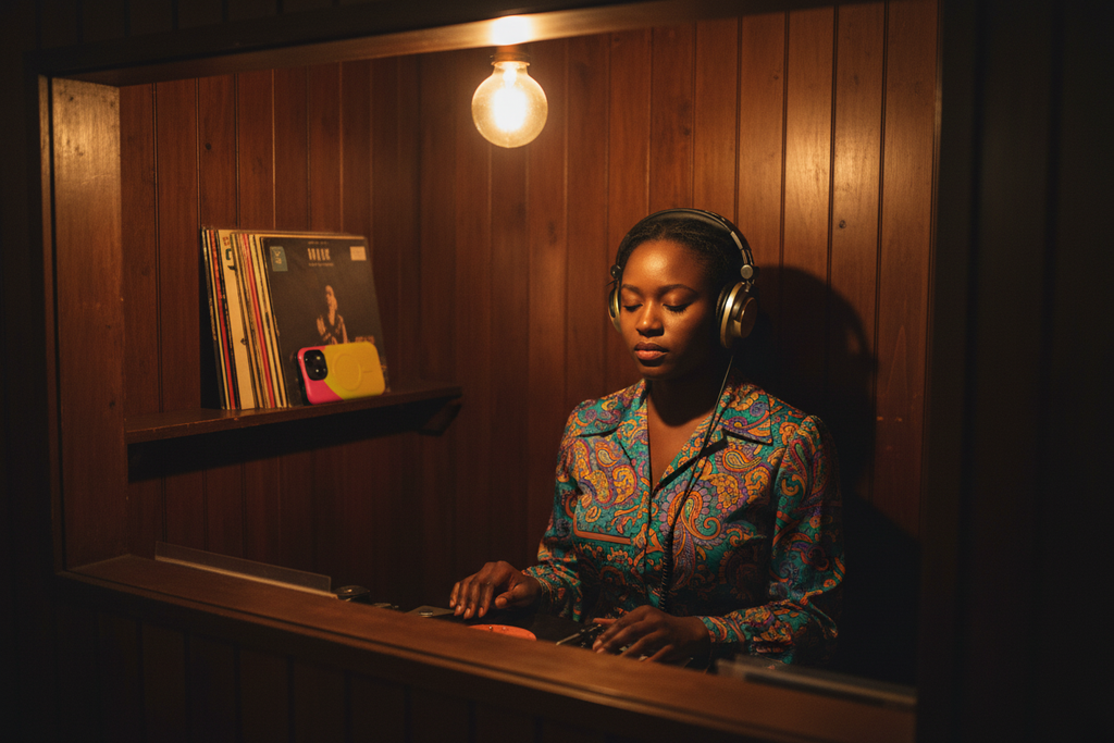 Record shop listener,  Islington vinyl booth. Pink Yellow Sun MagSafe phone case shown with a music listener inside an intimate Islington record-shop vinyl booth.