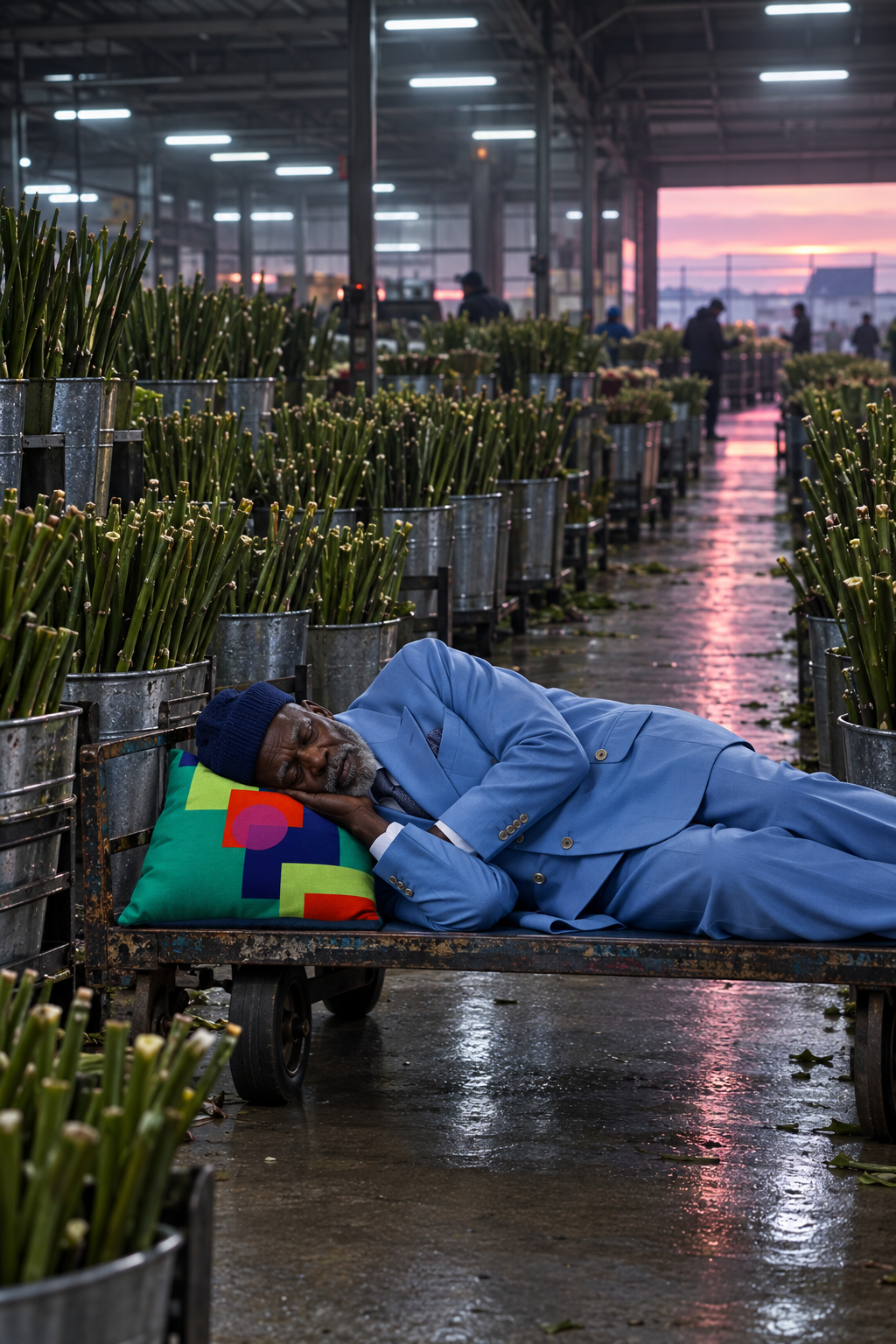 Red Olive Tree, sleeping through the flower market