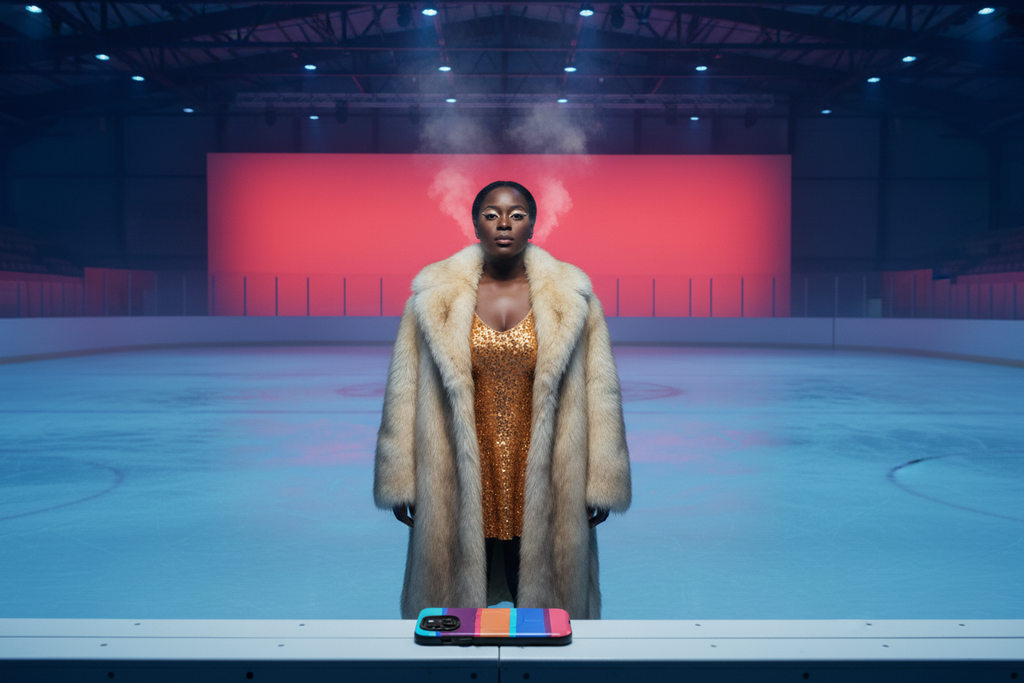 Rink Diva alone on blue ice under crimson light. Pretty in Pink MagSafe phone case featured with a rink performer standing alone on blue ice under crimson lighting.