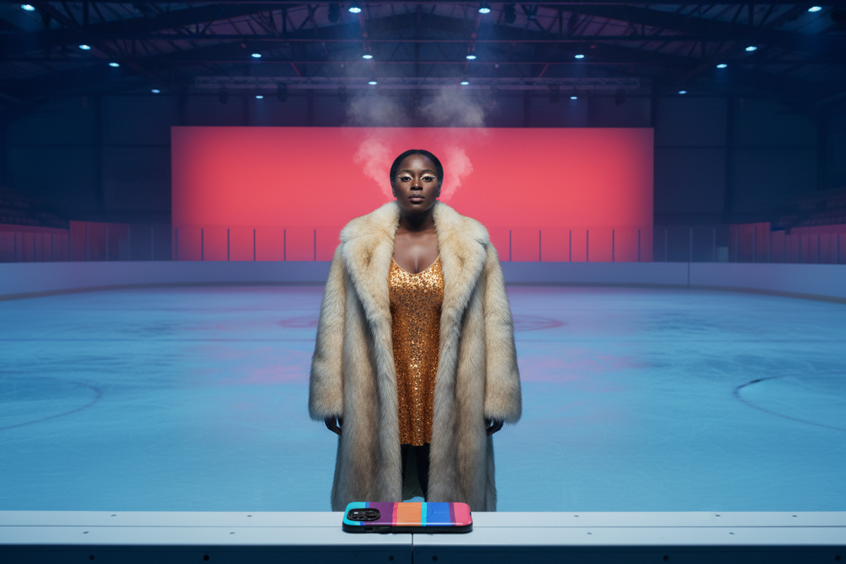 Rink Diva alone on blue ice under crimson light. Pretty in Pink MagSafe phone case featured with a rink performer standing alone on blue ice under crimson lighting.