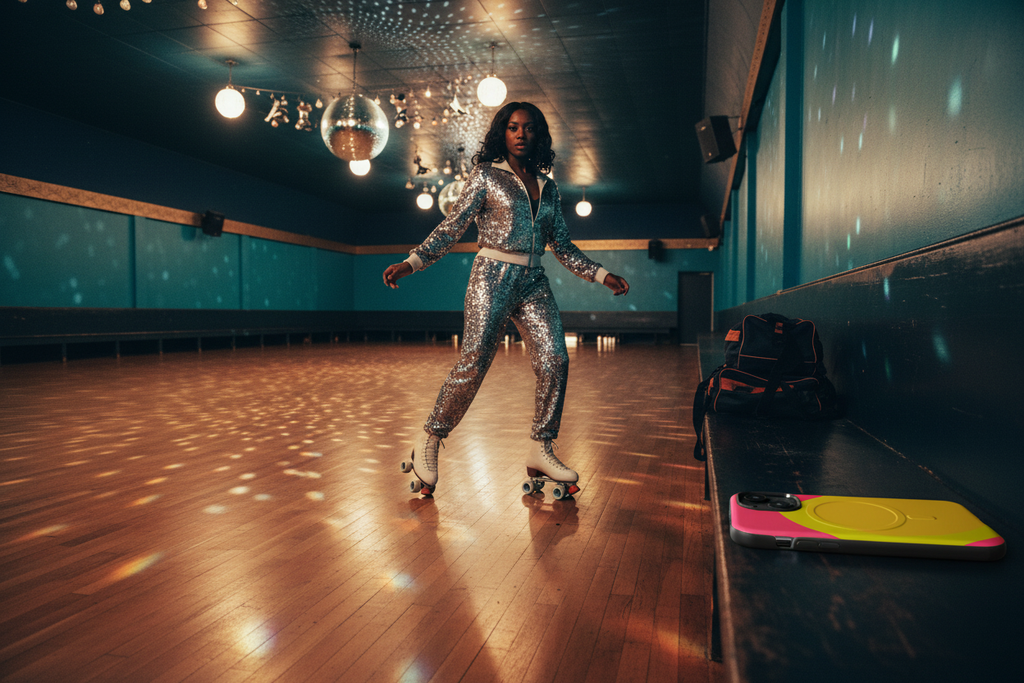 Roller skater, West London roller rink at night. Pink Yellow Sun MagSafe phone case featured with a roller skater inside a neon-lit West London roller rink at night.