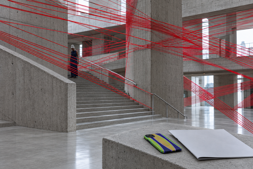 Scarlet spatial drawing across the National Theatre foyer