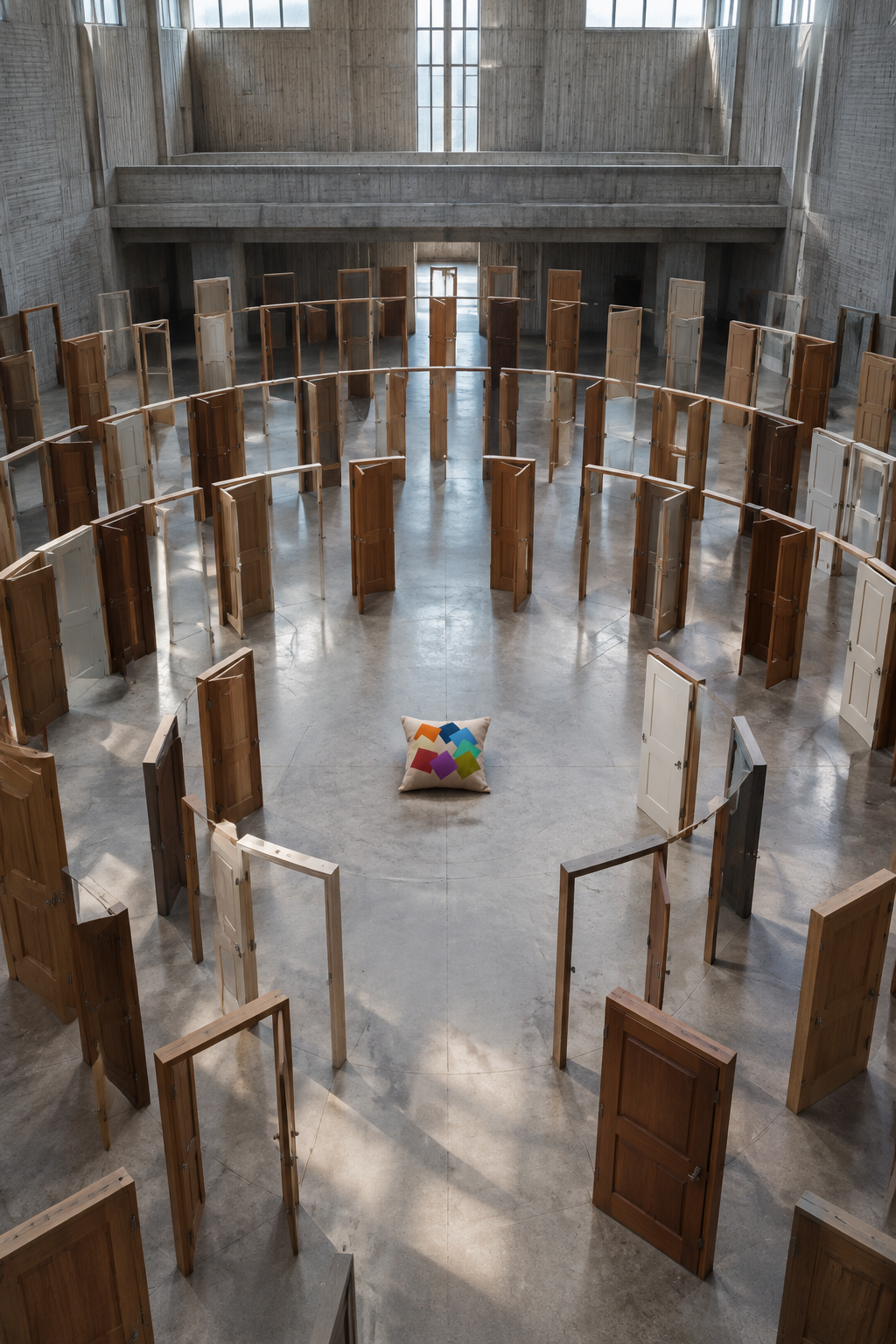 Snail Blush, maze of doors in a brutalist church