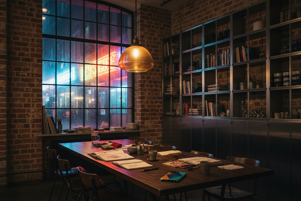 Soho creative dining room. Orange Sky Diamond MagSafe phone case resting on a working Shoreditch desk among art materials and everyday studio objects.