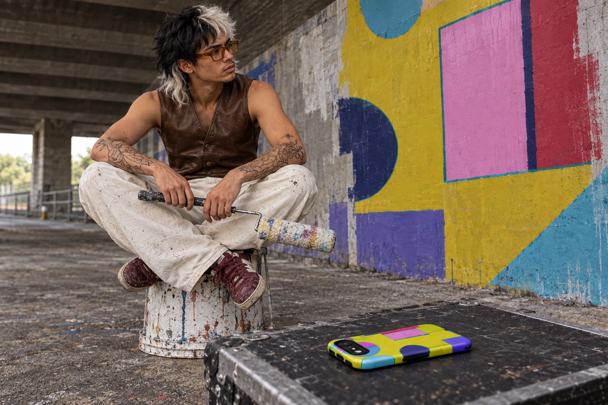 Split-dye hair, tattoos and amber glasses inside a real creative moment