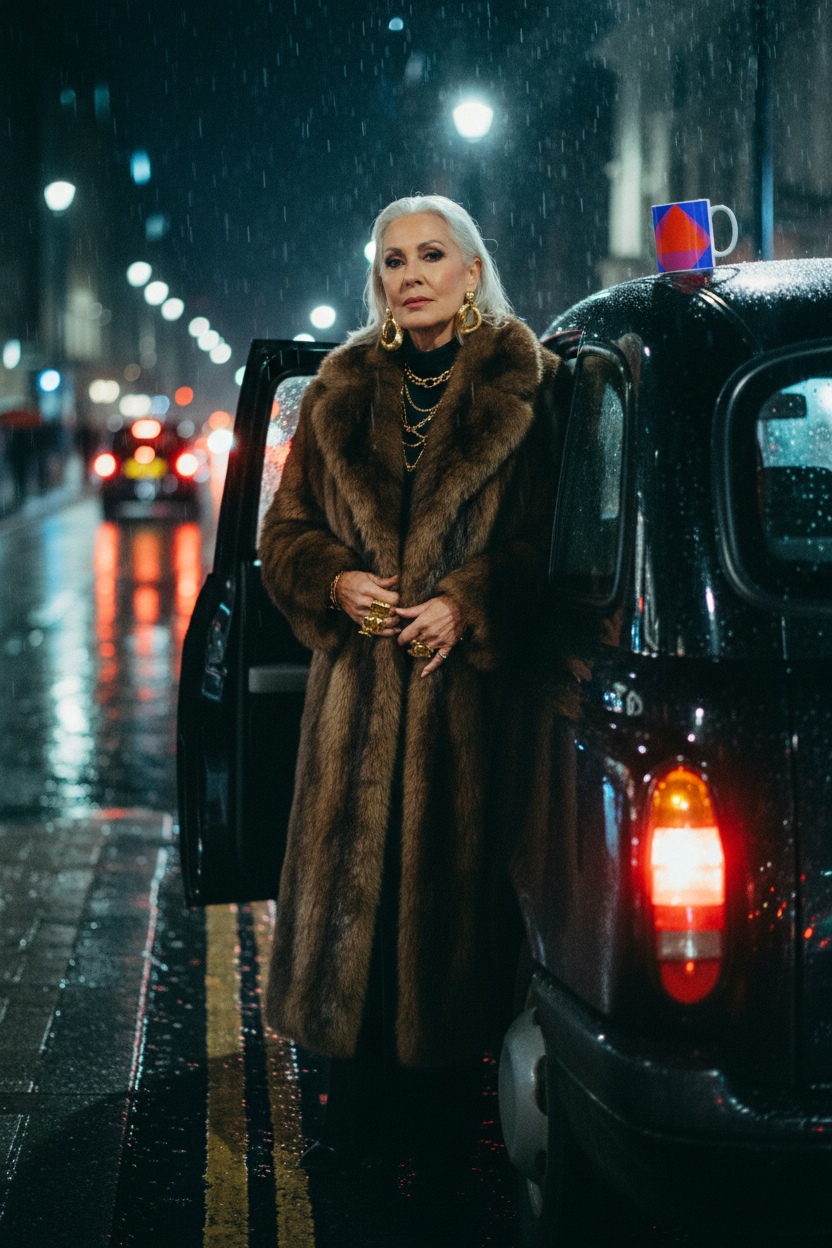 Stepping out of a black cab in the rain
