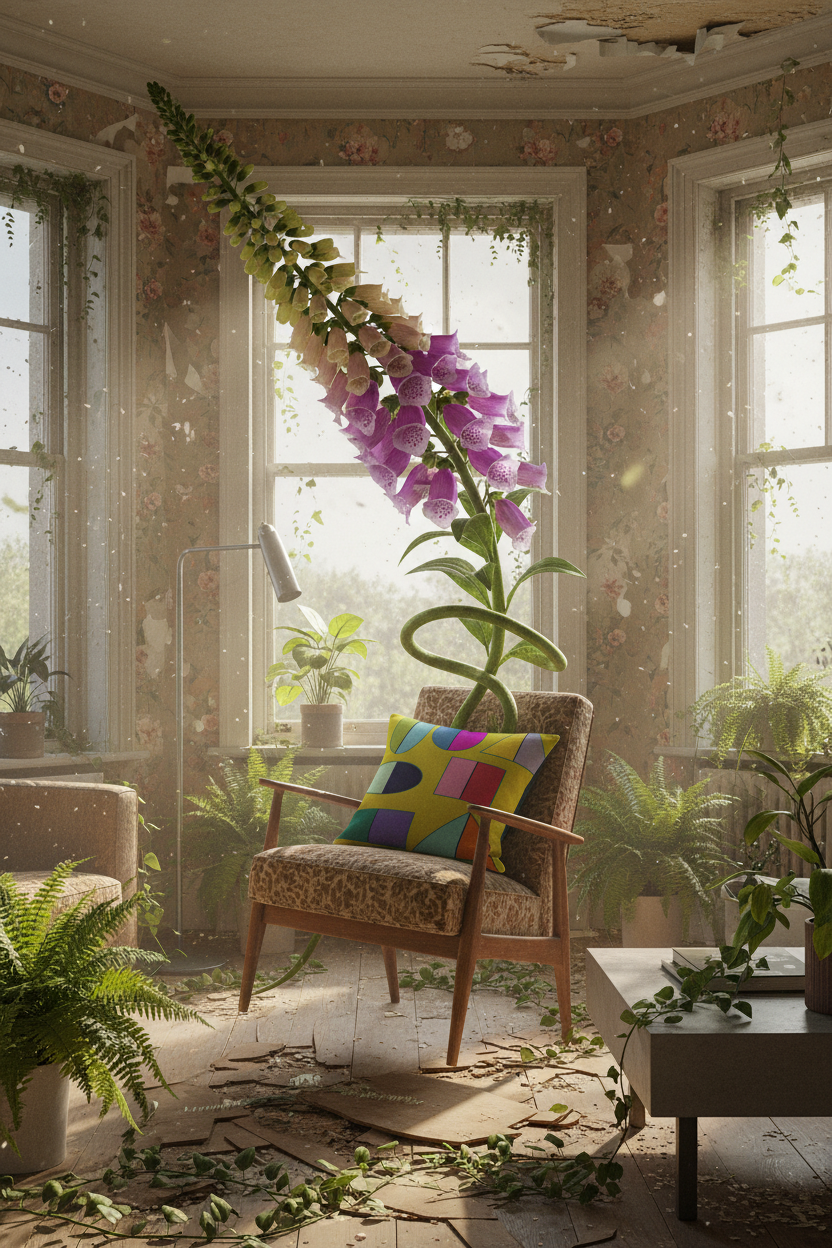 Surreal foxglove townhouse, Pac-Man Lime cushion on a suspended armchair