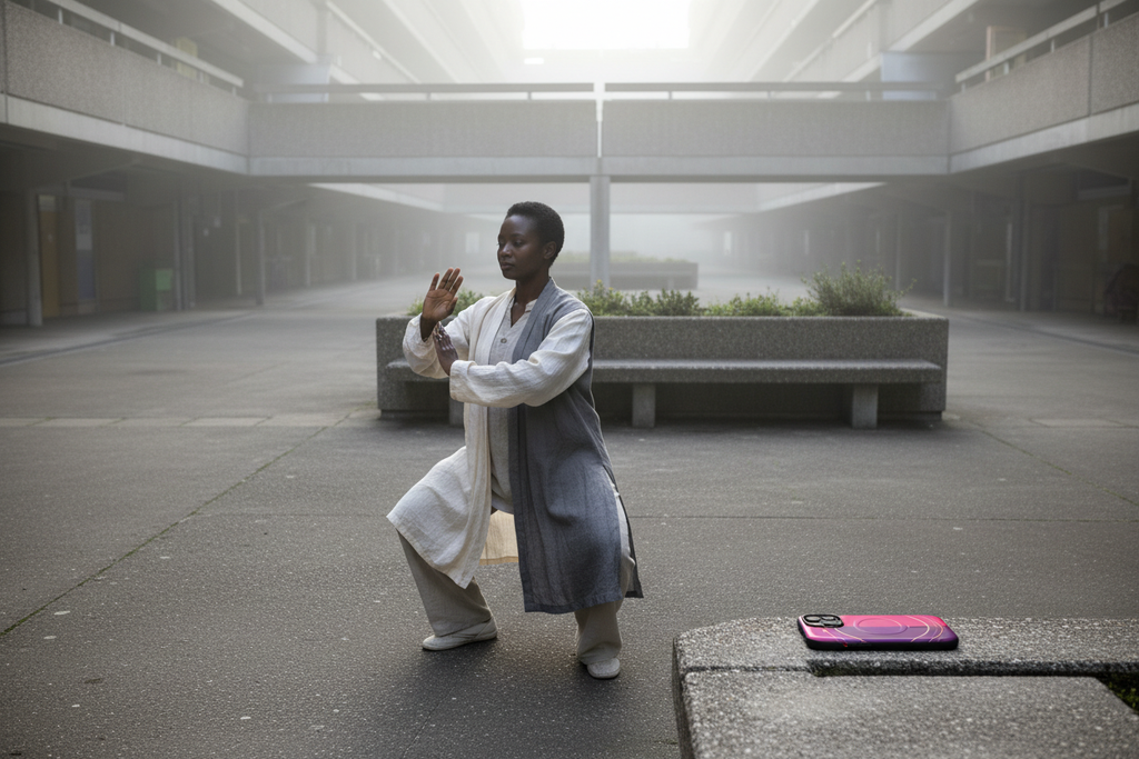 Tai chi persona, Robin Hood Gardens plaza at dawn. Pink Gold Rings MagSafe phone case featured with a tai chi practitioner in the Robin Hood Gardens plaza at dawn.