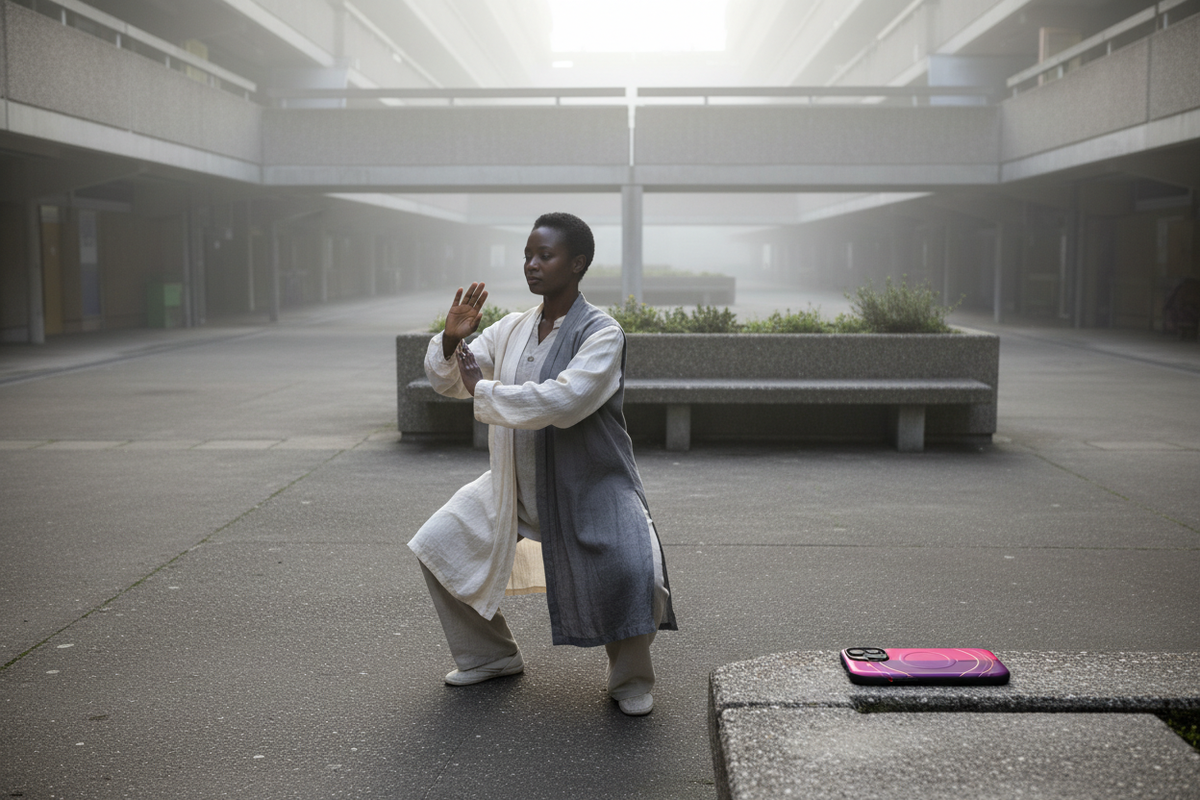 Tai chi persona, Robin Hood Gardens plaza at dawn. Pink Gold Rings MagSafe phone case featured with a tai chi practitioner in the Robin Hood Gardens plaza at dawn.