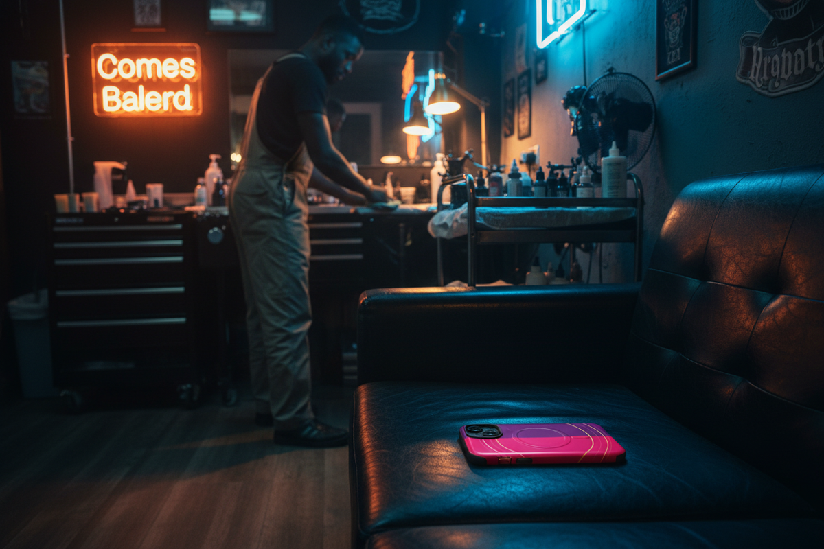 Tattoo artist persona, Shoreditch tattoo studio at night. Pink Gold Rings MagSafe phone case featured with a tattoo artist inside a Shoreditch tattoo studio at night.
