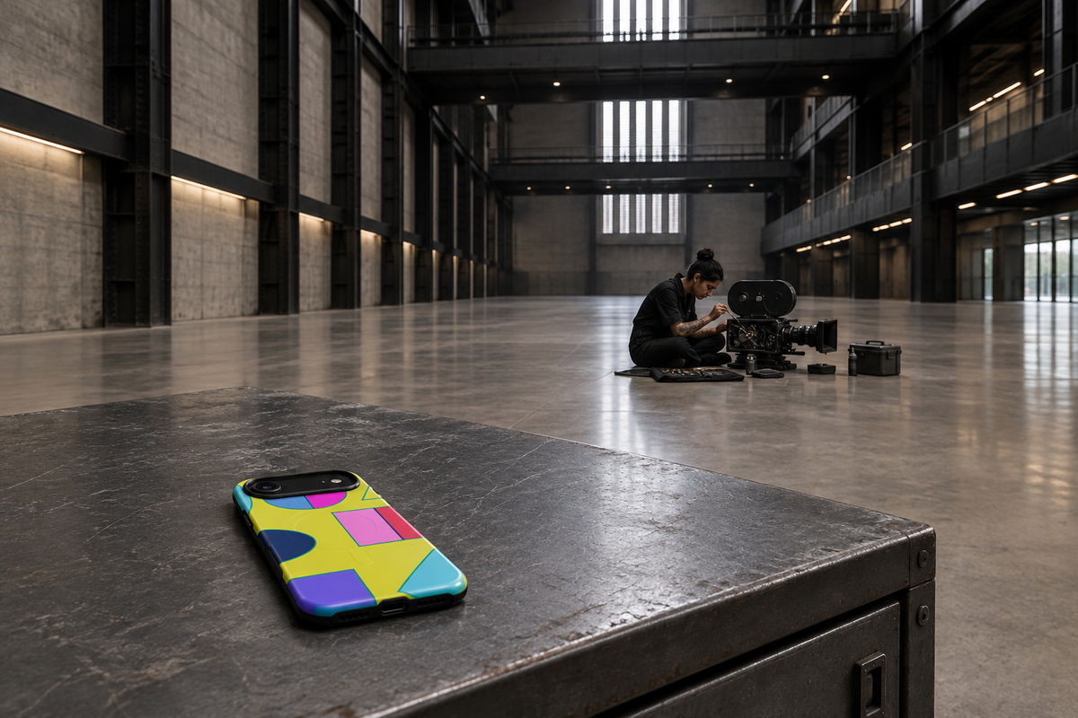 Tattooed filmmaker inside the immense turbine hall