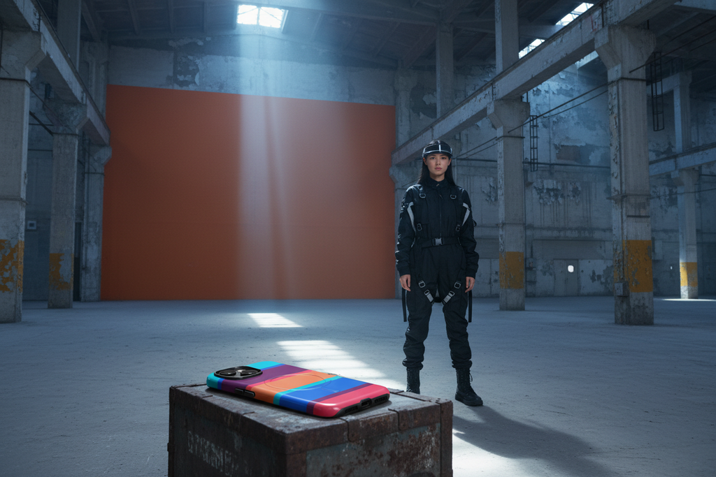 Techwear figure in a vast industrial hall at dawn. Pretty in Pink MagSafe phone case shown with a techwear figure inside a vast industrial hall at dawn.