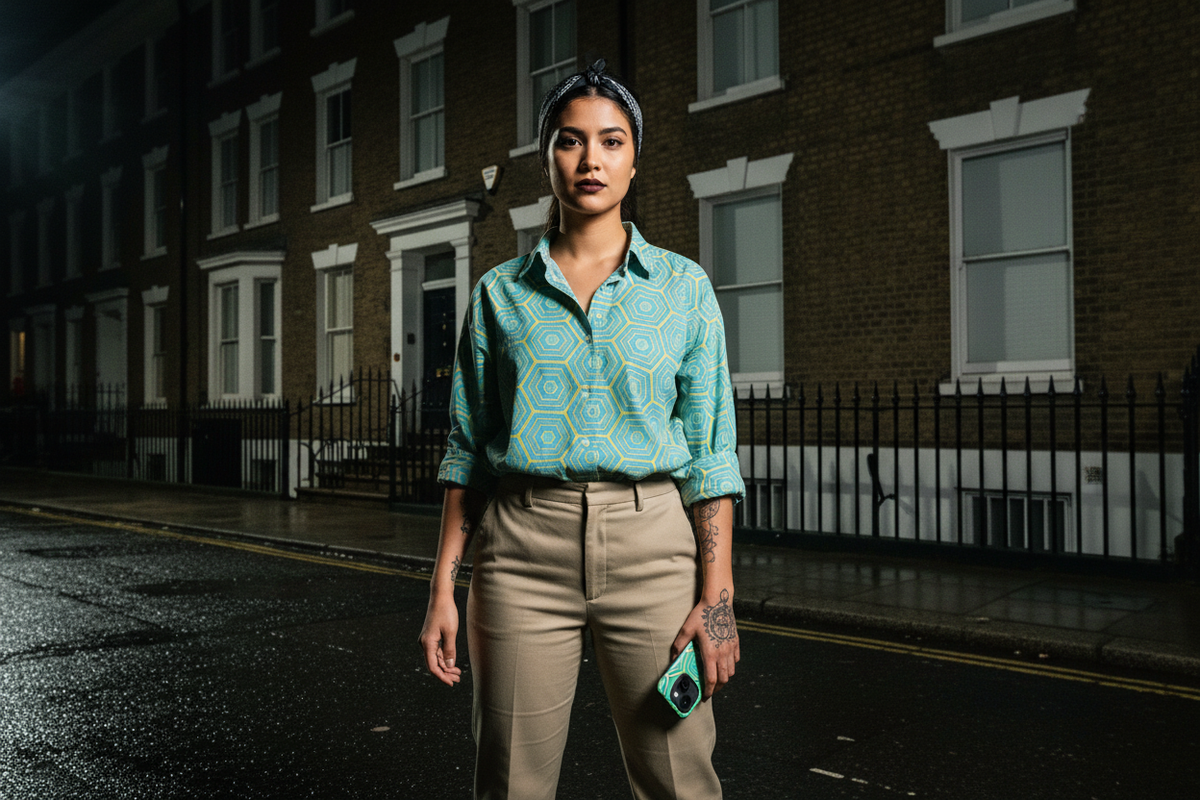 The Chola portrait under direct flash on Roupell Street, the cased phone held low. Turquoise Honeycomb MagSafe phone case held low during a direct-flash Chola portrait on London’s historic Roupell Street.