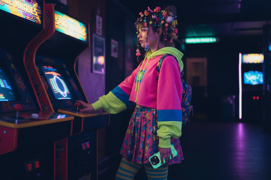 The Maximalist Kid in Decora styling at the Soho arcade, cased phone held low catching the neon. Turquoise Honeycomb MagSafe phone case catching neon light beside a maximalist Decora look inside a Soho arcade.