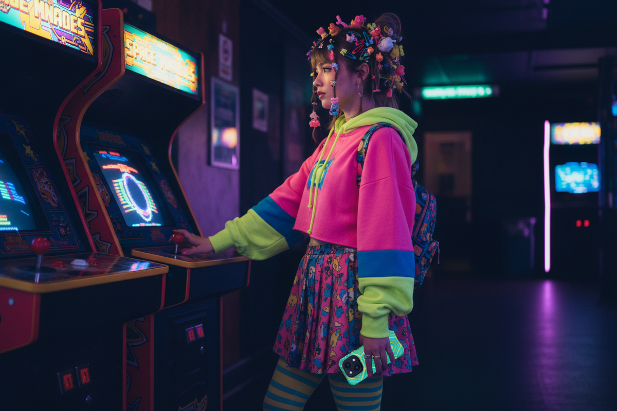 The Maximalist Kid in Decora styling at the Soho arcade, cased phone held low catching the neon. Turquoise Honeycomb MagSafe phone case catching neon light beside a maximalist Decora look inside a Soho arcade.