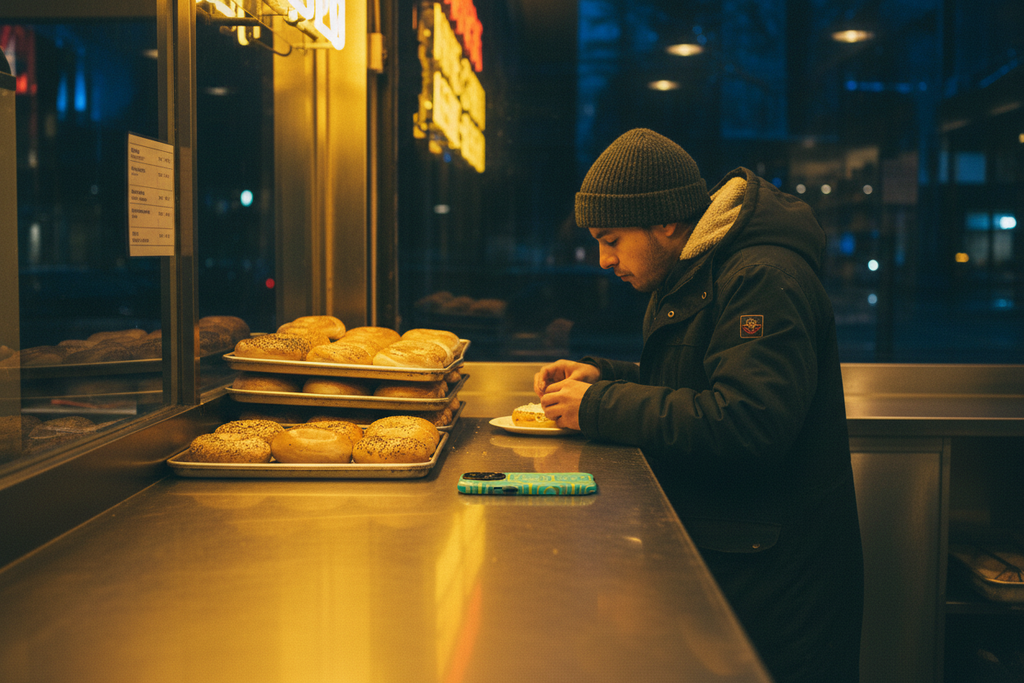 The night-shift worker at the Brick Lane bagel counter at 3am, cased phone flat on the steel counter. Turquoise Honeycomb MagSafe phone case resting on a steel counter beside a night-shift worker at a Brick Lane bagel shop at 3am.