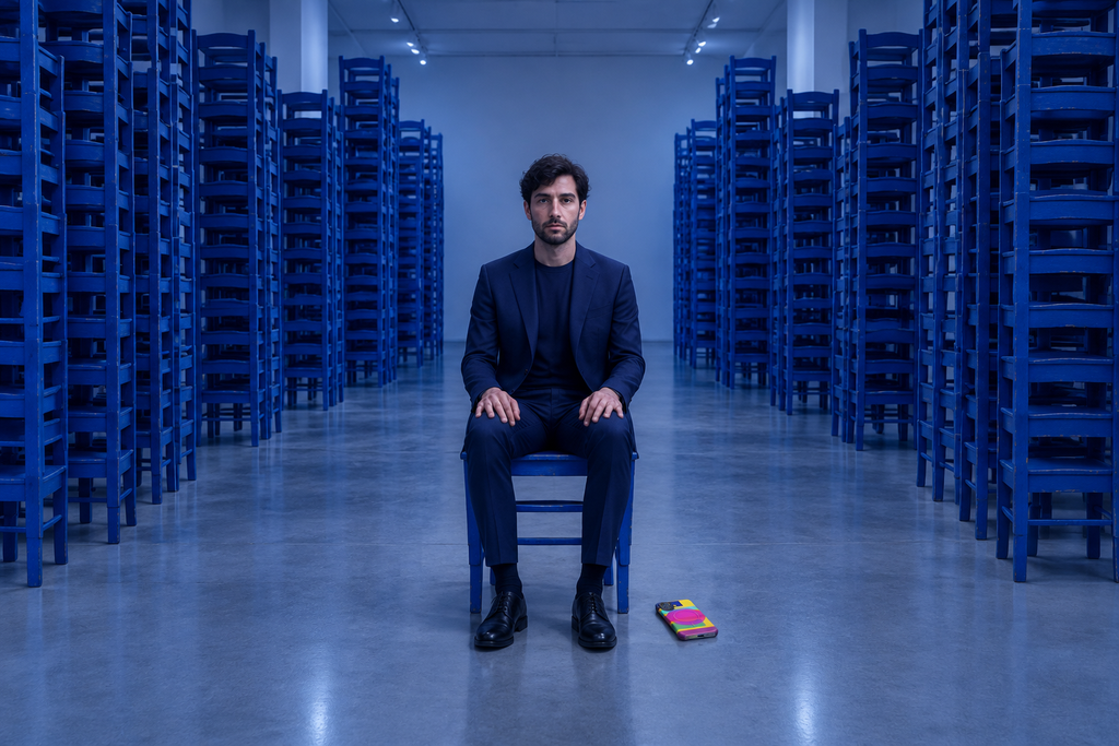 Towers of blue chairs, one alone
