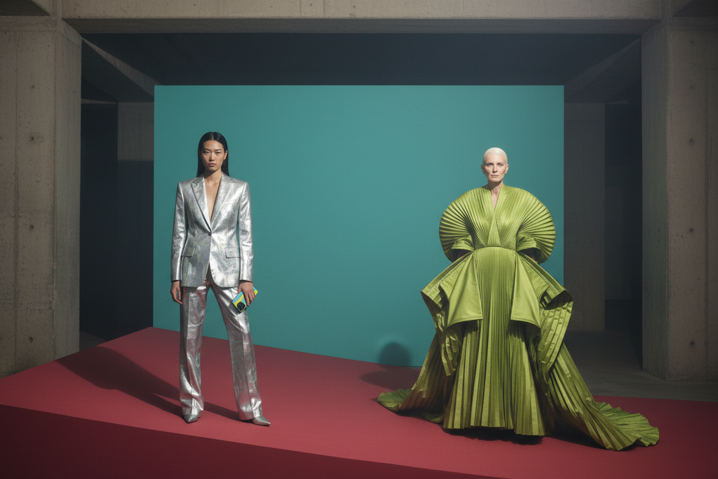 Two models in a brutalist undercroft set. Watermelon Lime MagSafe phone case shown with two fashion models inside a monumental brutalist undercroft.