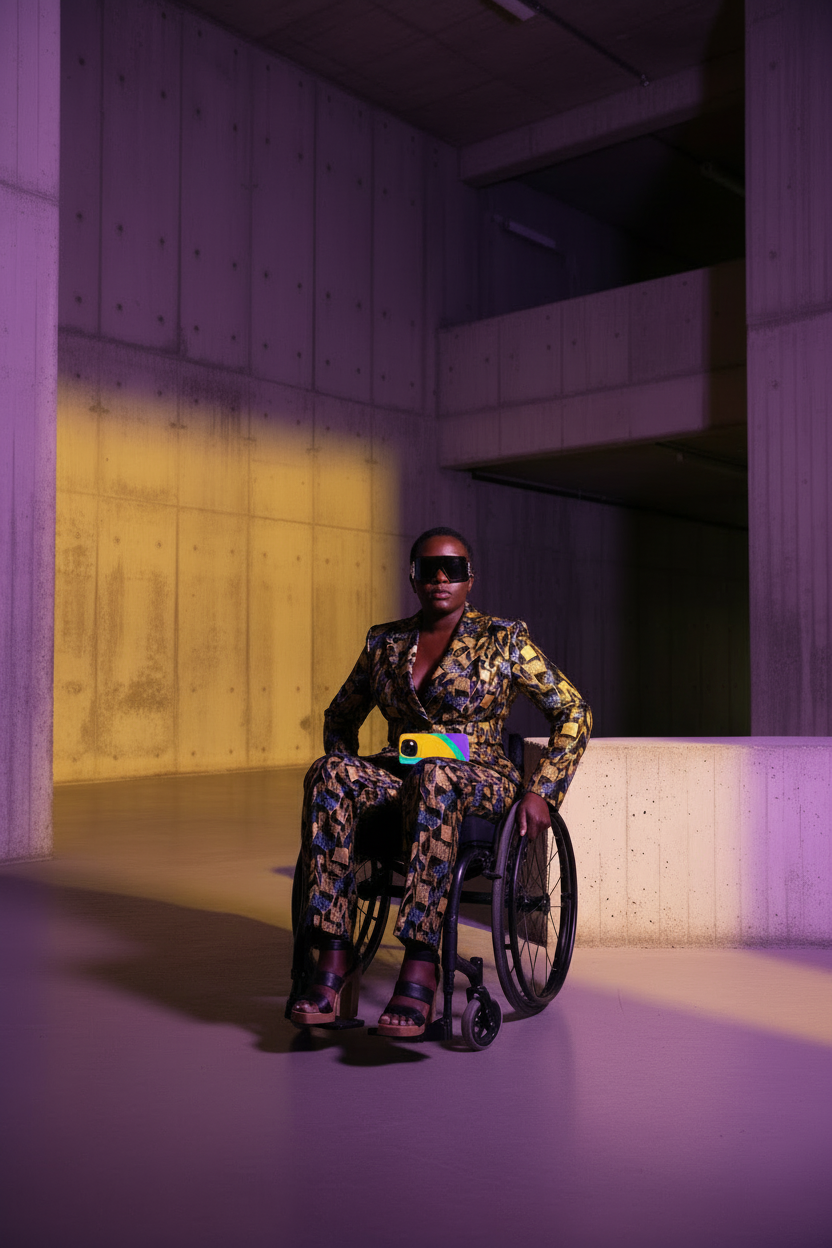 Wheelchair editorial, phone resting flat on her lap. Purple Yellow Sun MagSafe phone case resting flat on a wheelchair user’s lap in an inclusive fashion editorial.