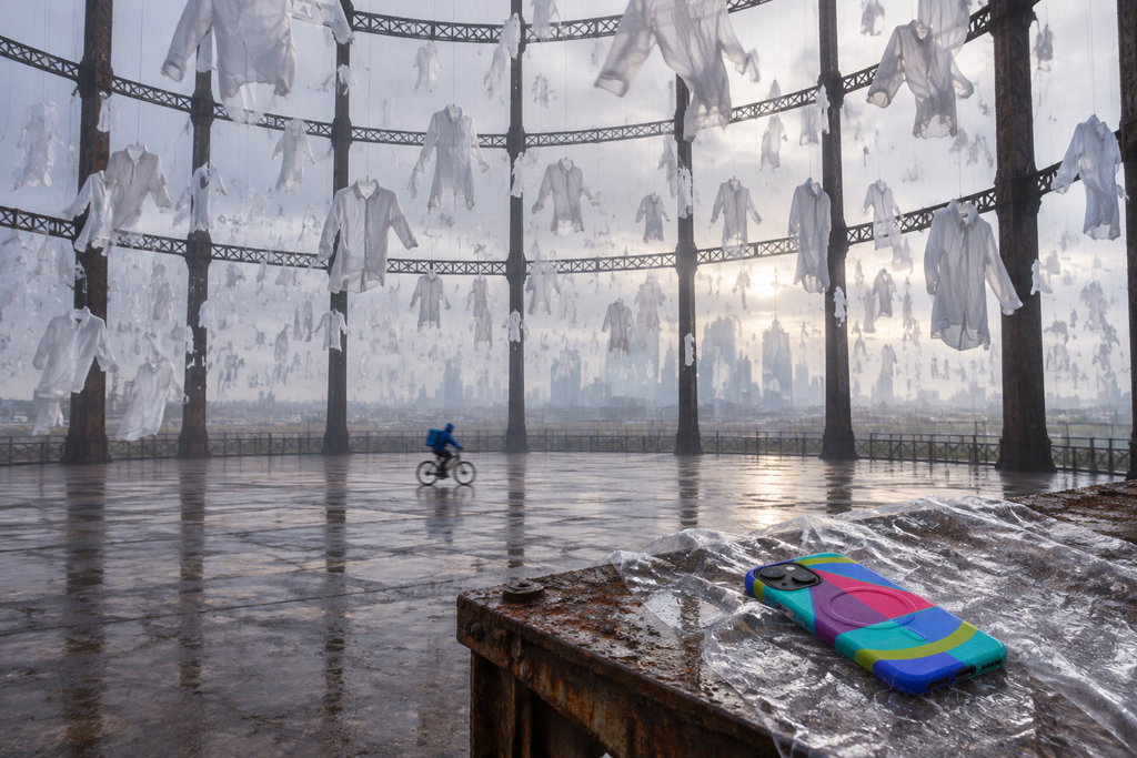 Wind-driven installation inside a Victorian London gasholder