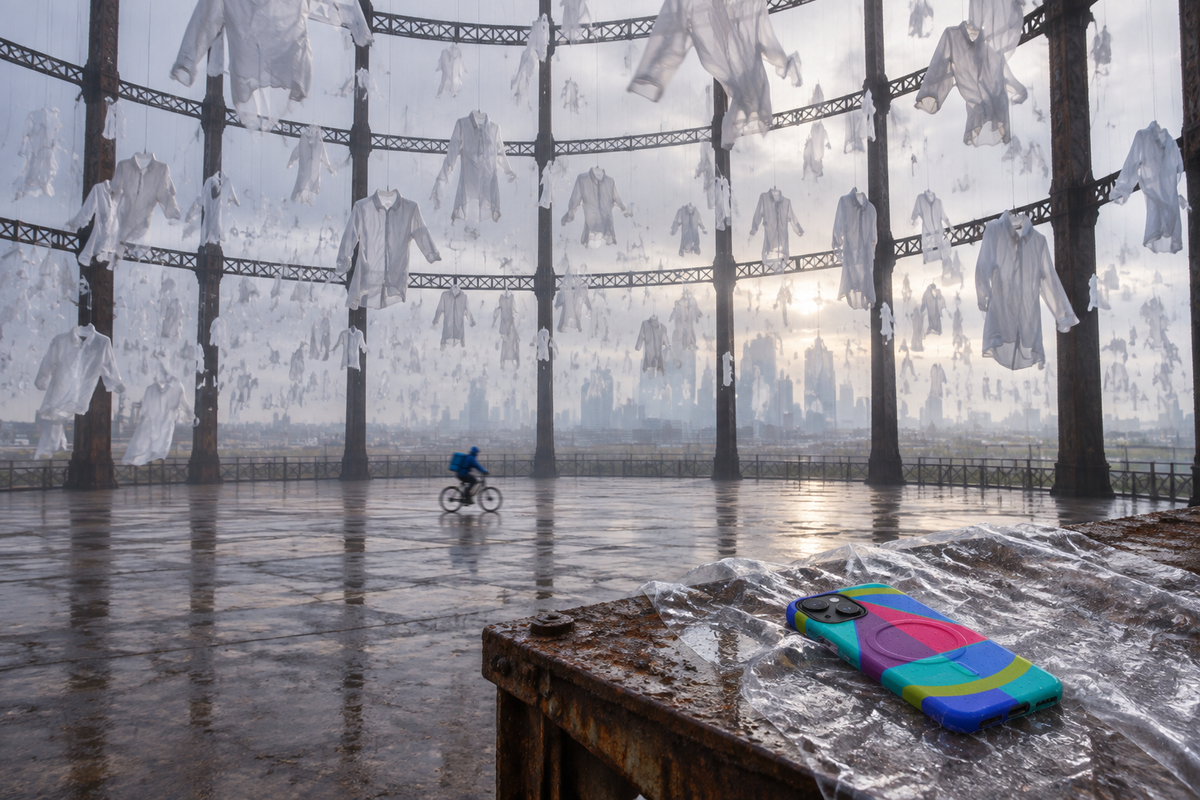 Wind-driven installation inside a Victorian London gasholder