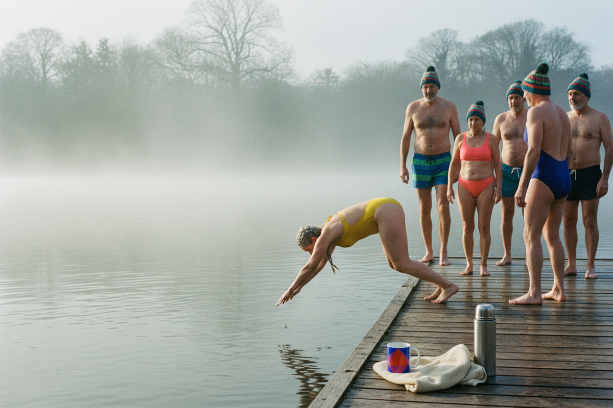 Winter swimmers on the pond jetty