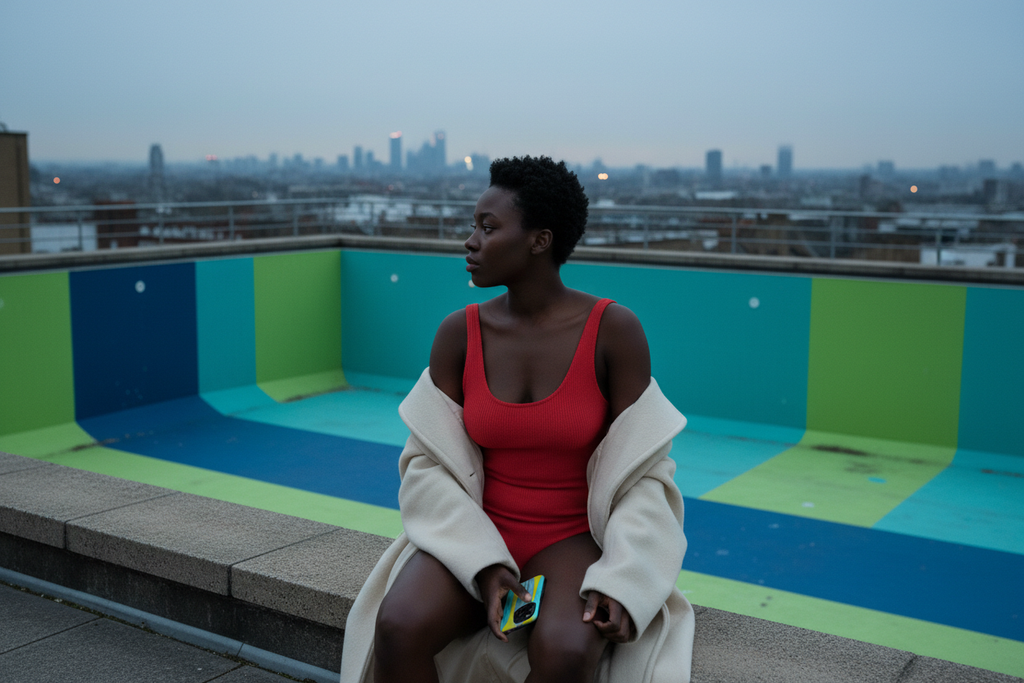 Woman at the edge of the painted empty pool. Watermelon Lime MagSafe phone case featured with a woman standing at the edge of a painted empty swimming pool.