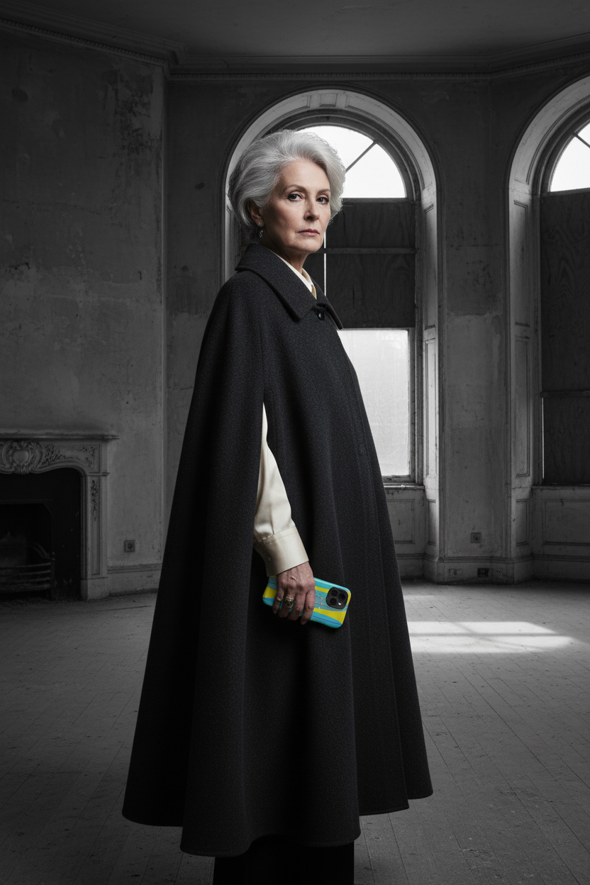Woman in a charcoal cape in a stripped Georgian room. Watermelon Lime MagSafe phone case shown with a woman in a charcoal cape inside a weathered Georgian room.