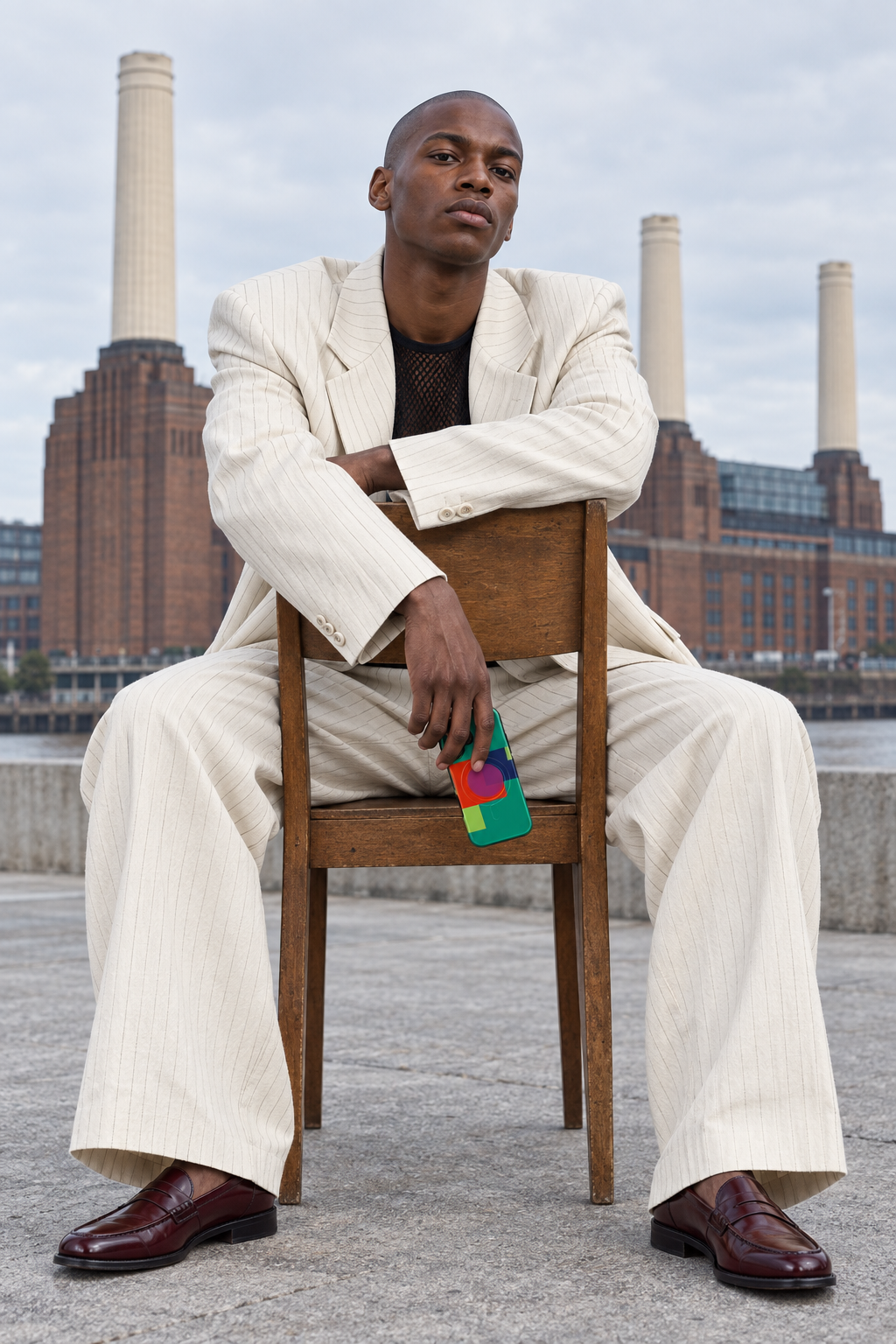Young man posed against Battersea Power Station